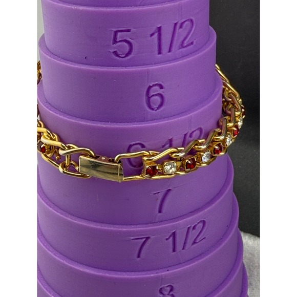 Gold Tone Rhinestone Bracelet Red White‎ 7" - Picture 3 of 8